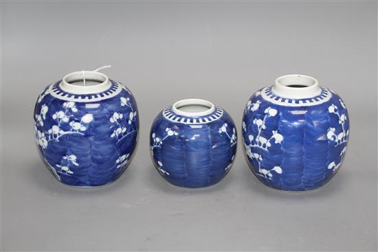 Three Chinese blue and white prunus jars, early 20th century, H. 9 -12.5cm